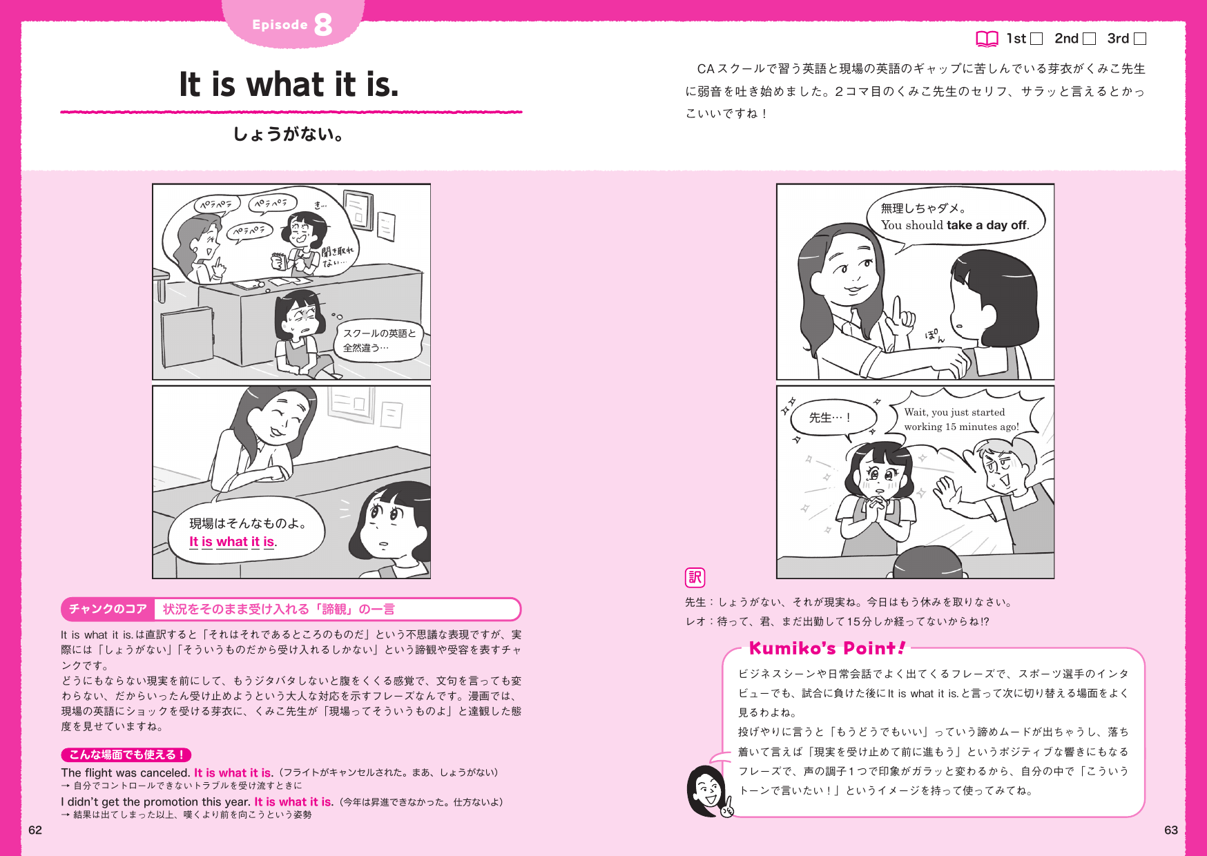 『はじめてのチャンク英会話』62〜63ページ：It is what it is. の漫画と解説